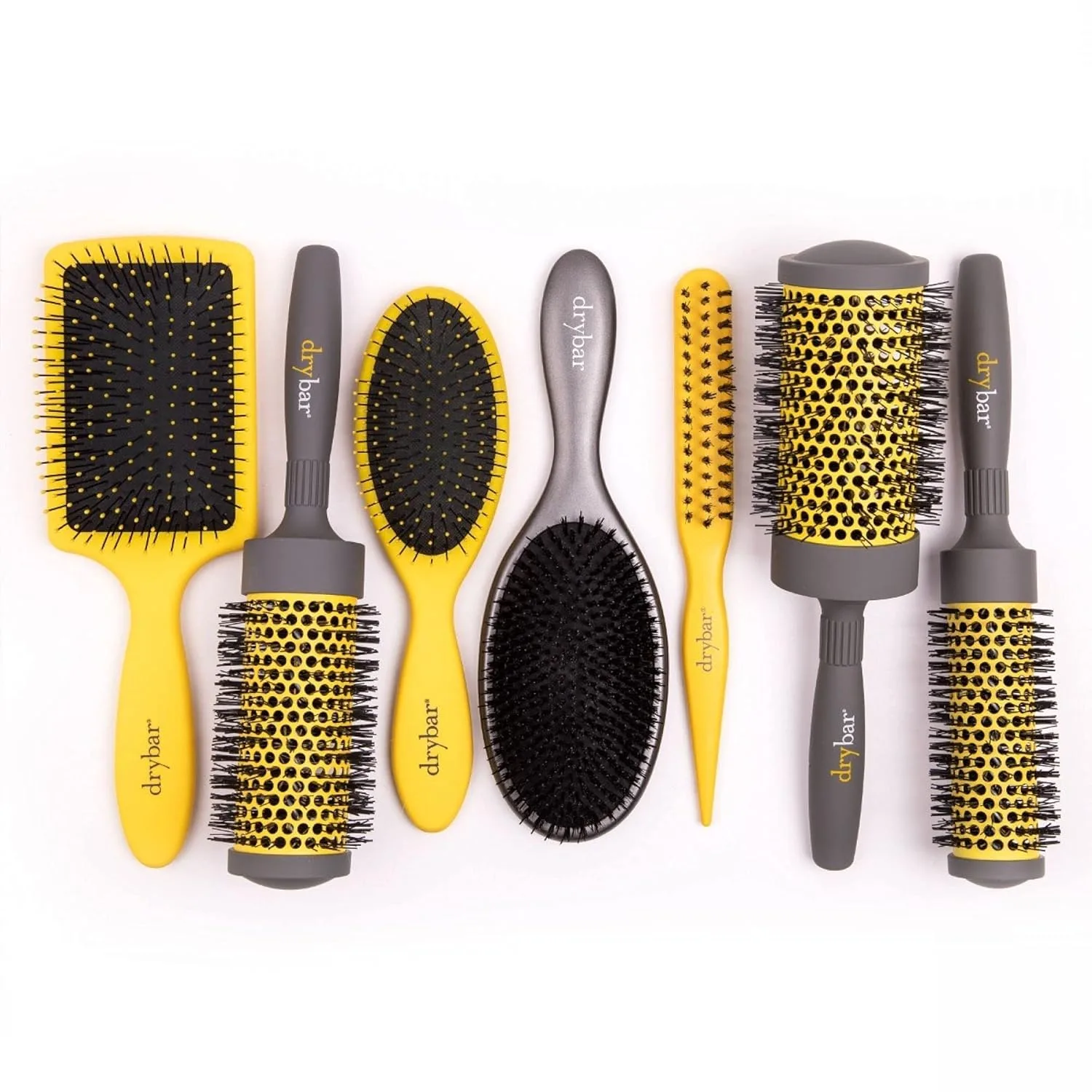 Круглая керамическая термощетка Drybar, доступна в 3 размерах для длительной фиксации объема и завивки. Средний, Grey and Yellow — фото 4