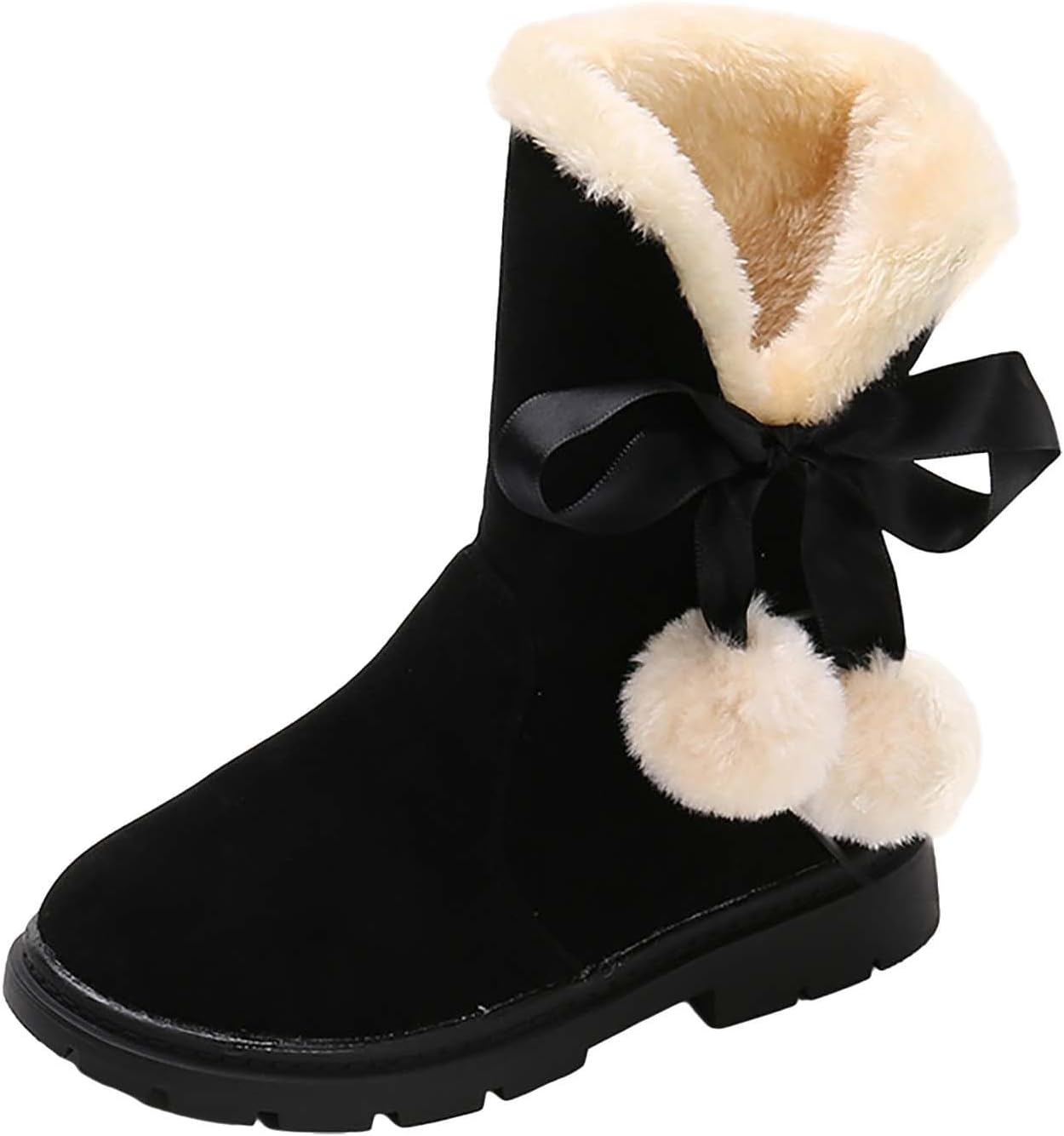 

Детские зимние ботинки для девочек на щиколотку с флисом, челси, бантиком, пушистые, ковбойские, из искусственной замши, с круглым носком, теплые, с нескользящей подошвой Generic, Black