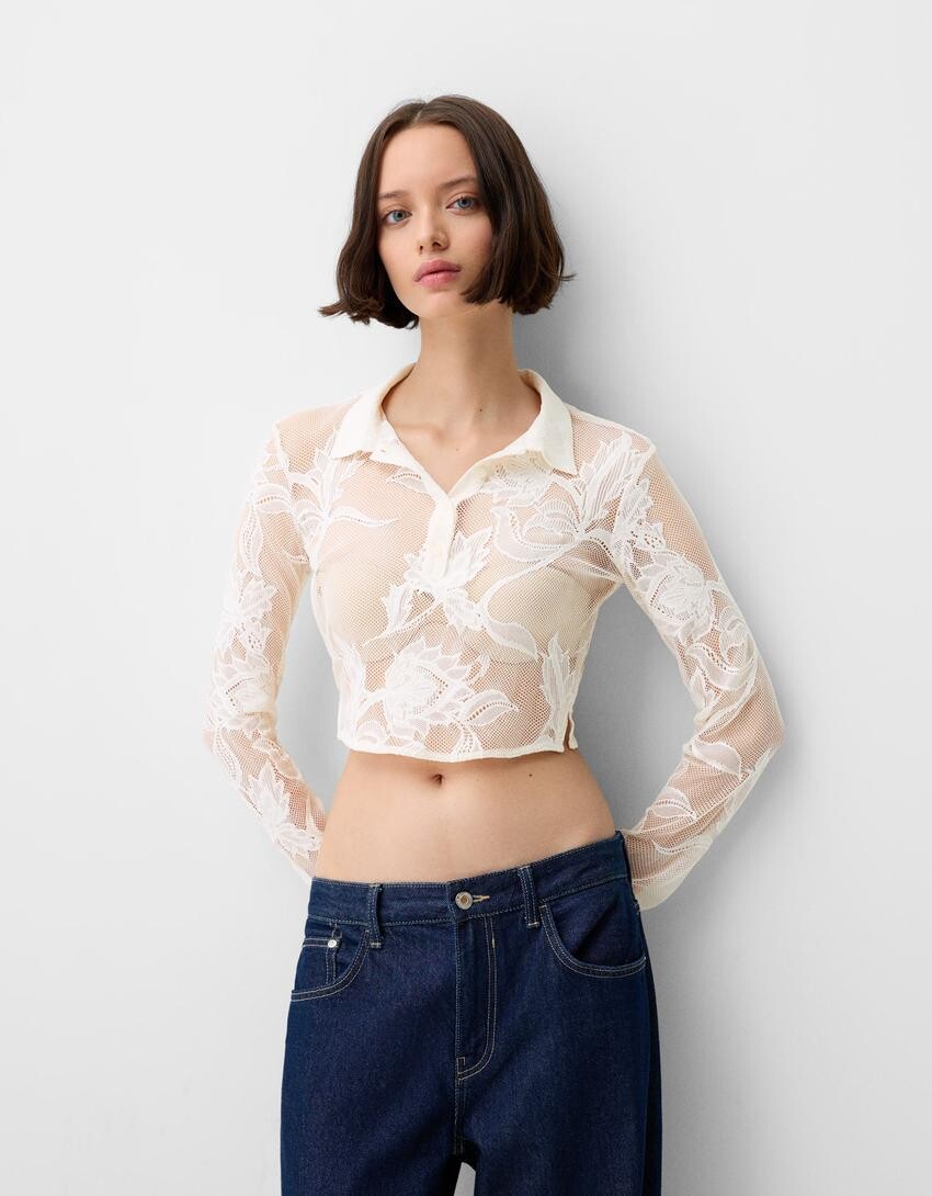

Укороченная жаккардовая рубашка Bershka, бежевый