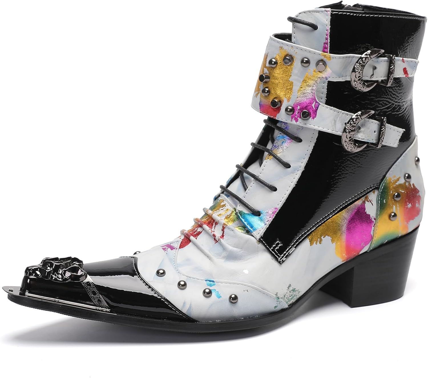 

Мужские повседневные вестерн-ботинки Santimon Mens - Средние ботинки из натуральной кожи с бусинами и металлическим носком «крыло» для выпускного, балла или дискотеки, белый/черный