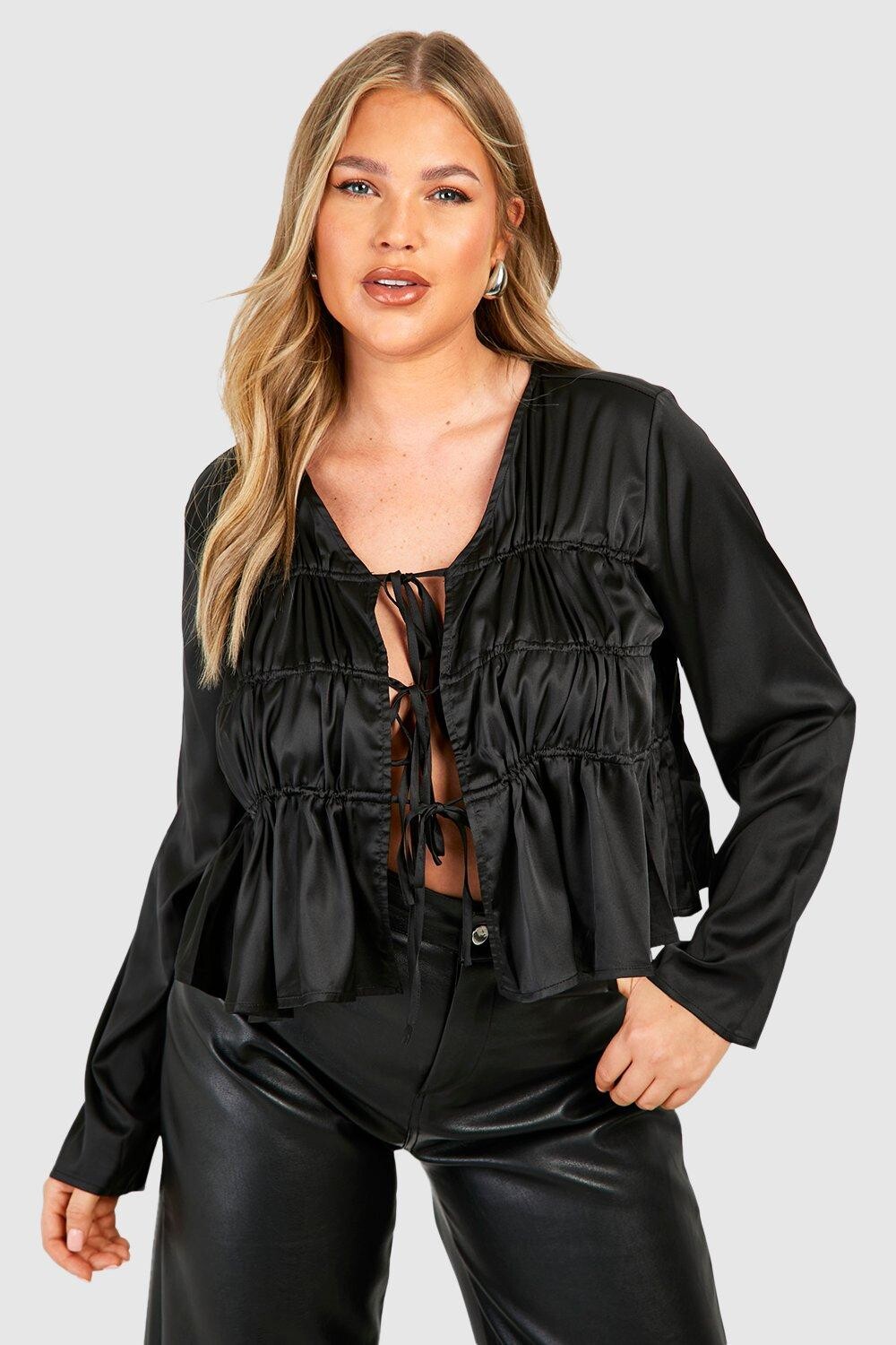 

Атласная блузка Plus с завязками спереди boohoo, черный