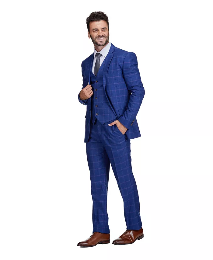 

Мужской трехкомпонентный костюм в клетку Windowpane Slim Fit Gino Vitale, синий