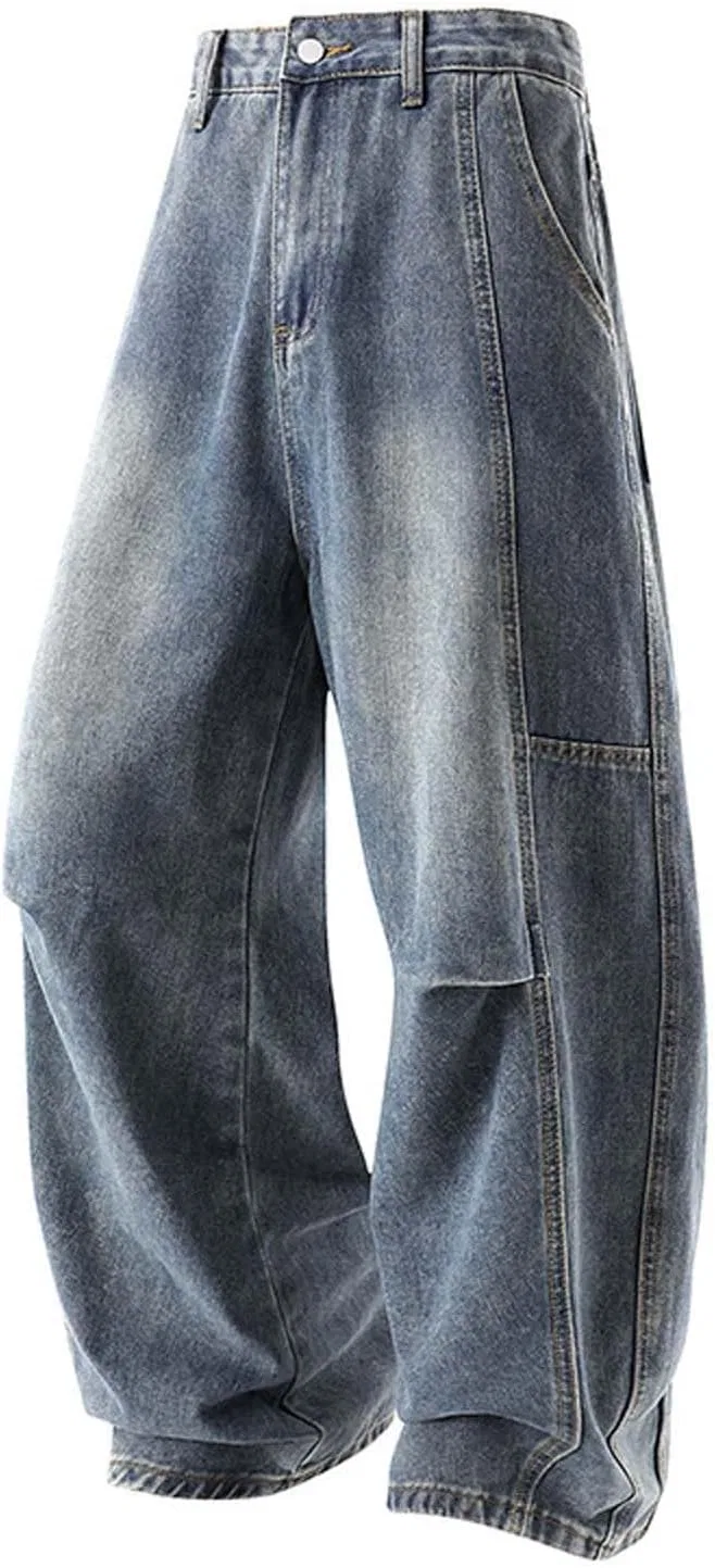 Джинсы широкие Men's Baggy Hip Hop Jeans 2026 Y2K Casual Vintage Wide Leg Skater Denim Pants Loose Fit Long Trousers Denim Streetwear, Dark Blue
