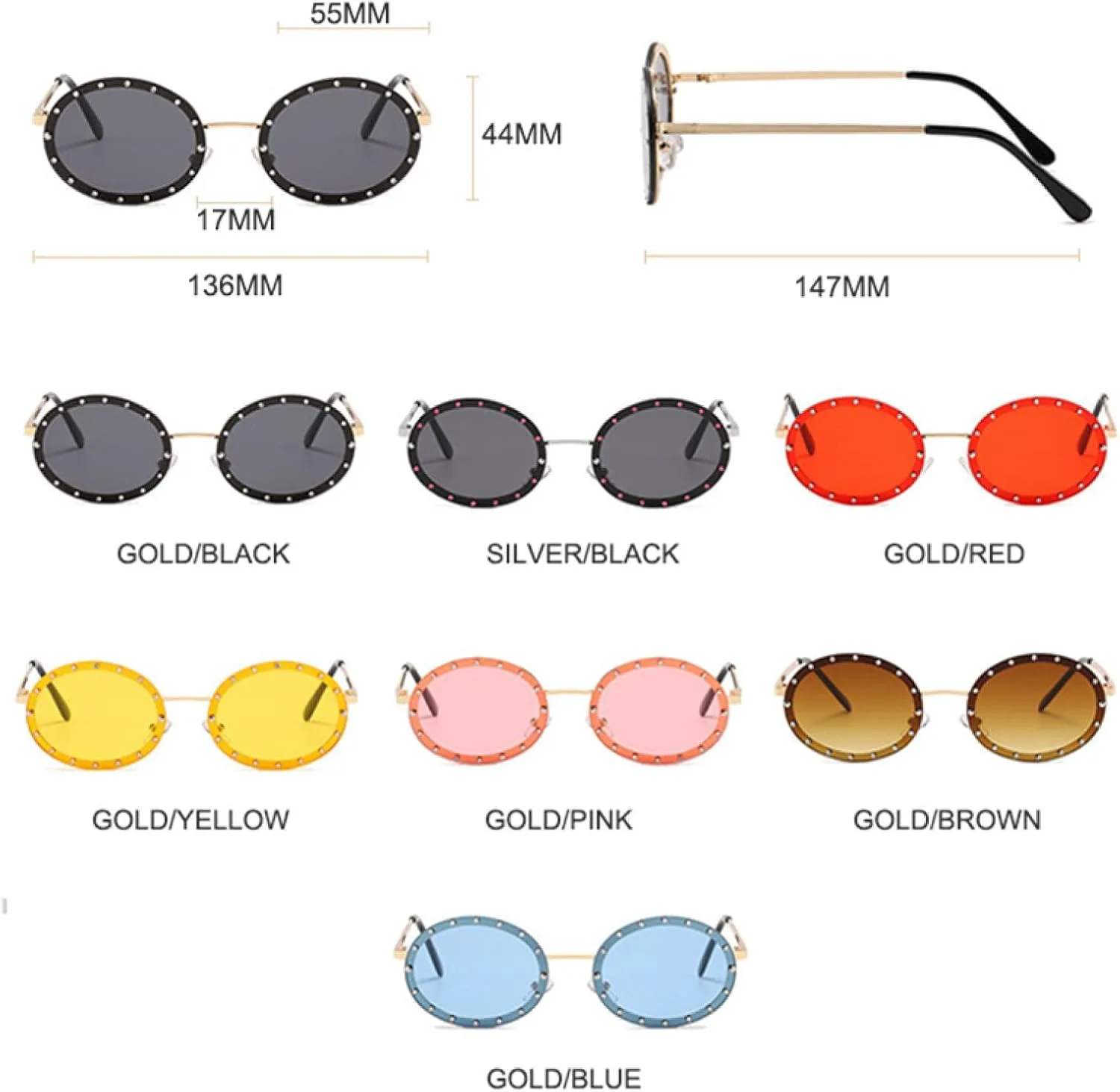 

Женские круглые солнцезащитные очки без оправы со стразами, модные, в металлической оправе, винтажные, с защитой от УФ-излучения UV400 TVTBBVV, Gold-blue