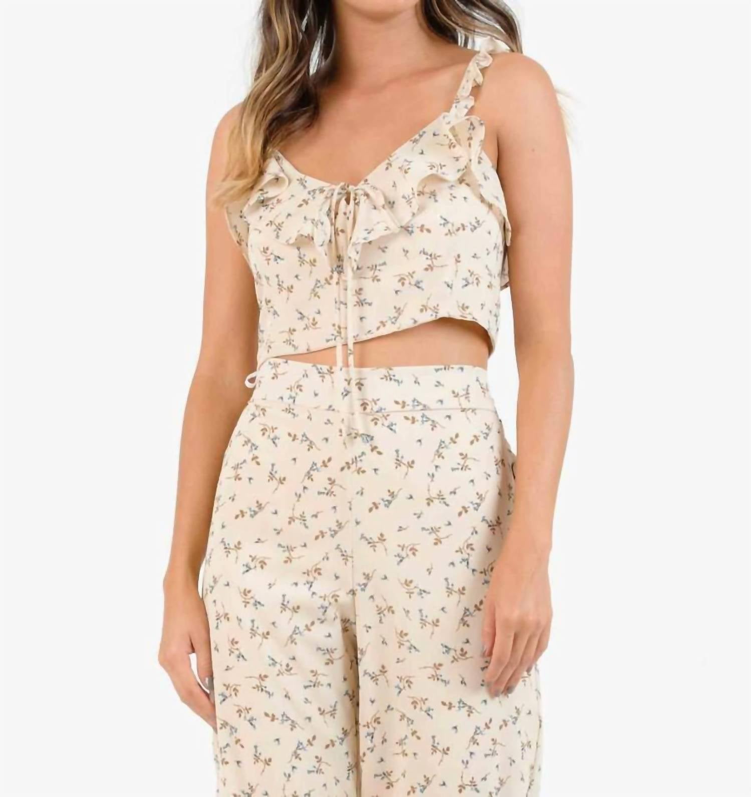 

Укороченная блузка Boho Crop Ruffle Strap Floral Print Blossom In Brown LUCCA
