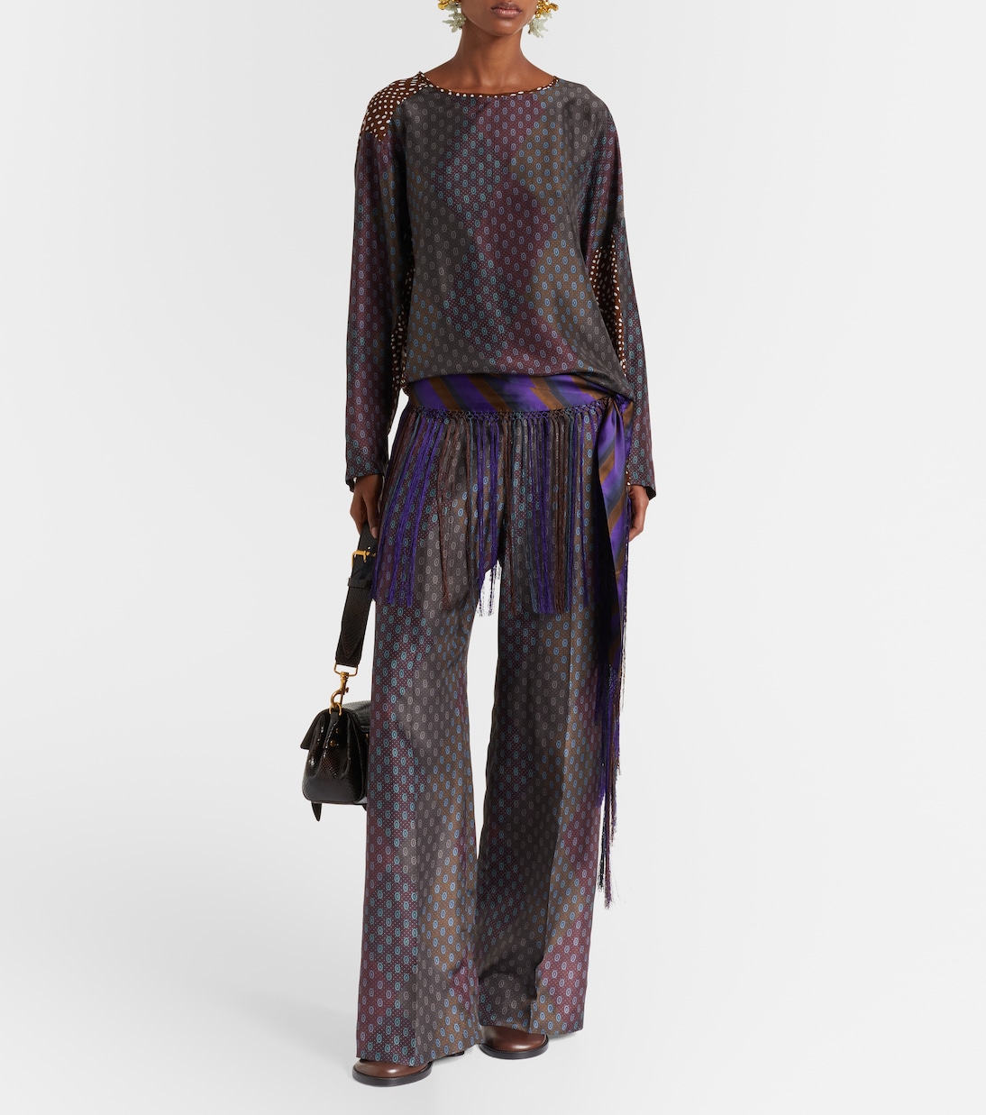 Прямые брюки из шелкового атласа с принтом Dries Van Noten, бордовый — фото 2