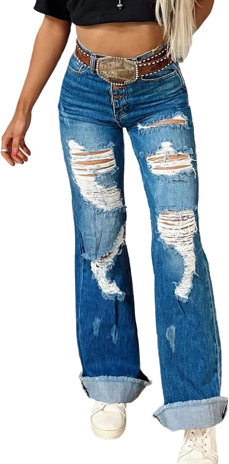 

Женские джинсы Western с потертостями, прямые, Mid Rise YADMISU