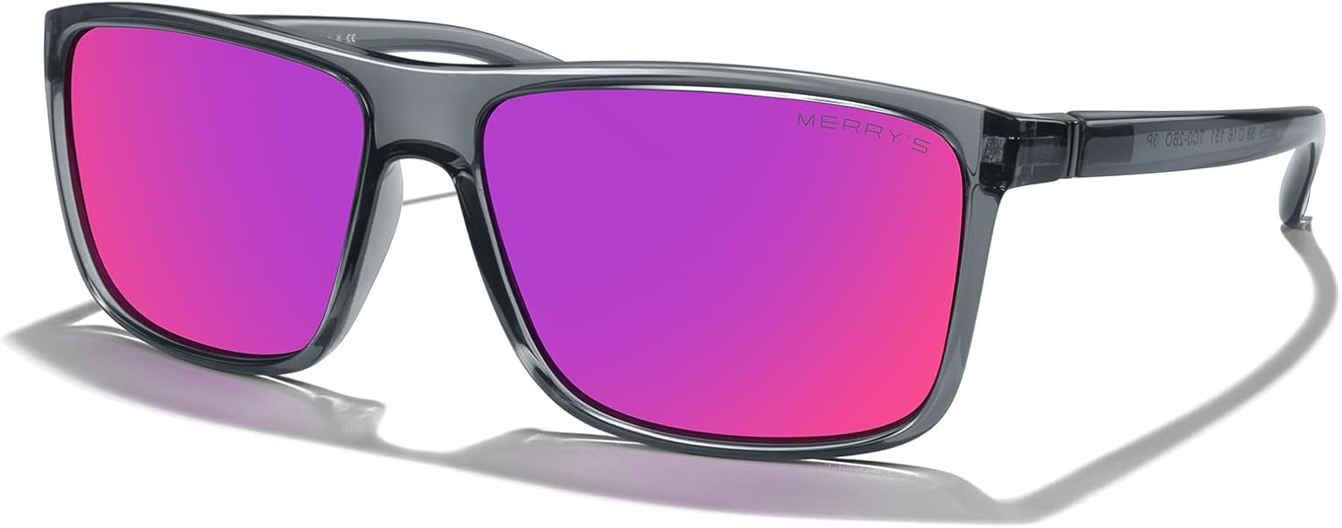 

Прямоугольные поляризованные спортивные солнцезащитные очки MERRY'S для мужчин и женщин, для езды на велосипеде, вождения, рыбалки, с защитой UV400, модель S8225, Bright Tra Gray Frame/Gray Metal/Purple Mirror Lens