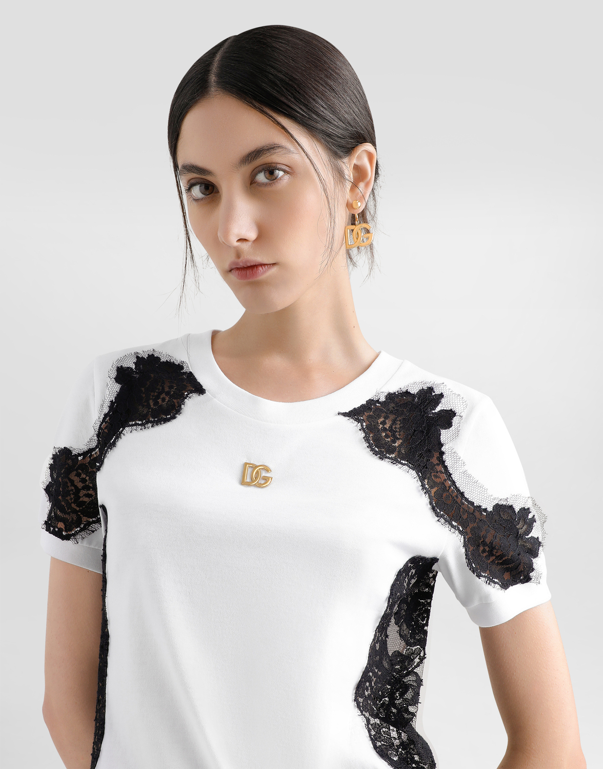 Футболка из джерси с логотипом dg и кружевными деталями Dolce & Gabbana, мультиколор — фото 4