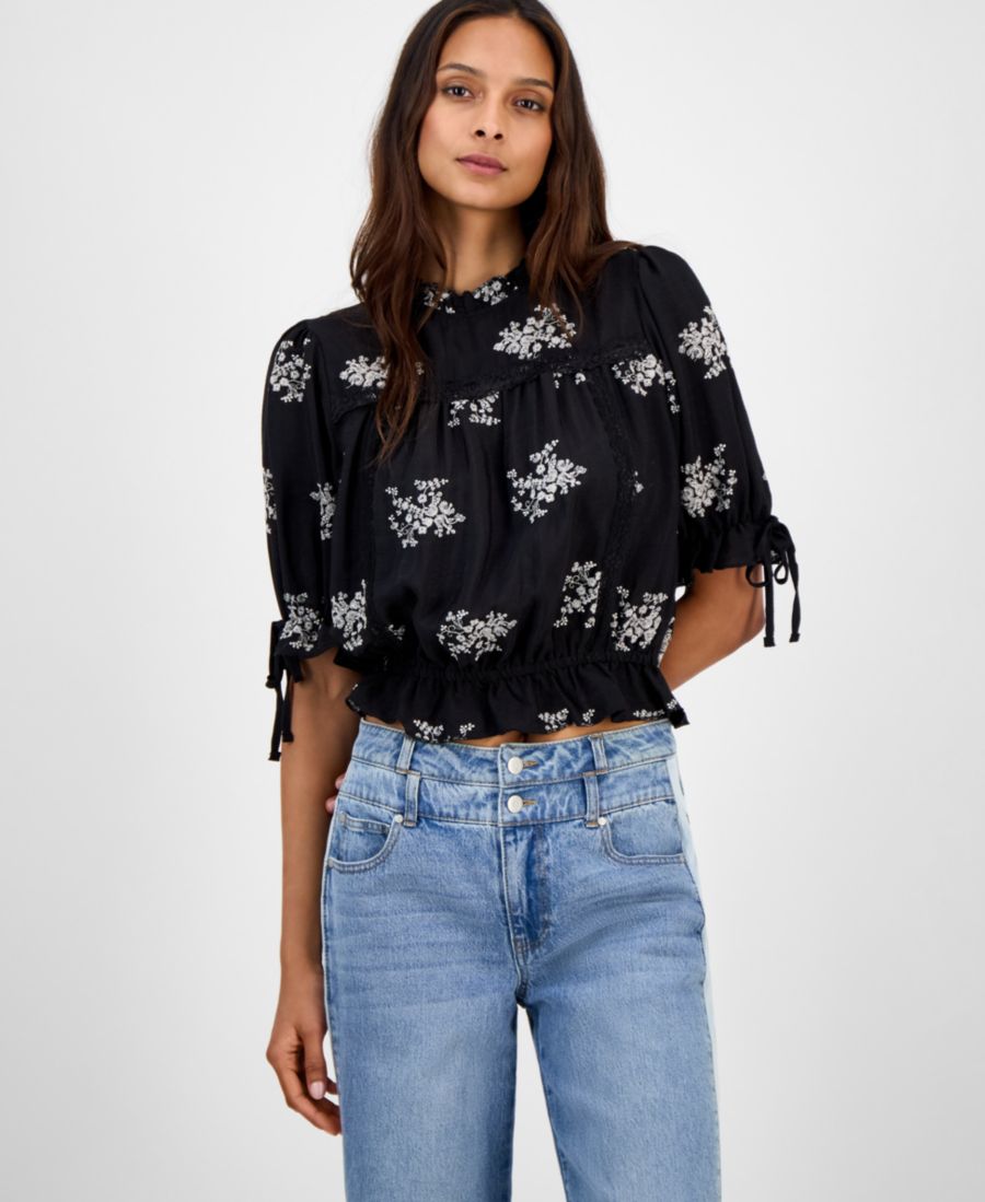 

Женская блузка с вышитой кружевной отделкой, размеры PXXS-2XL And Now This, Black Floral