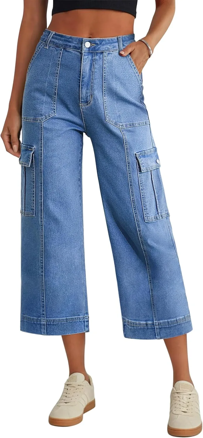 

Eddoyee женские карго капри с высокой талией, 6 карманов, стрейч