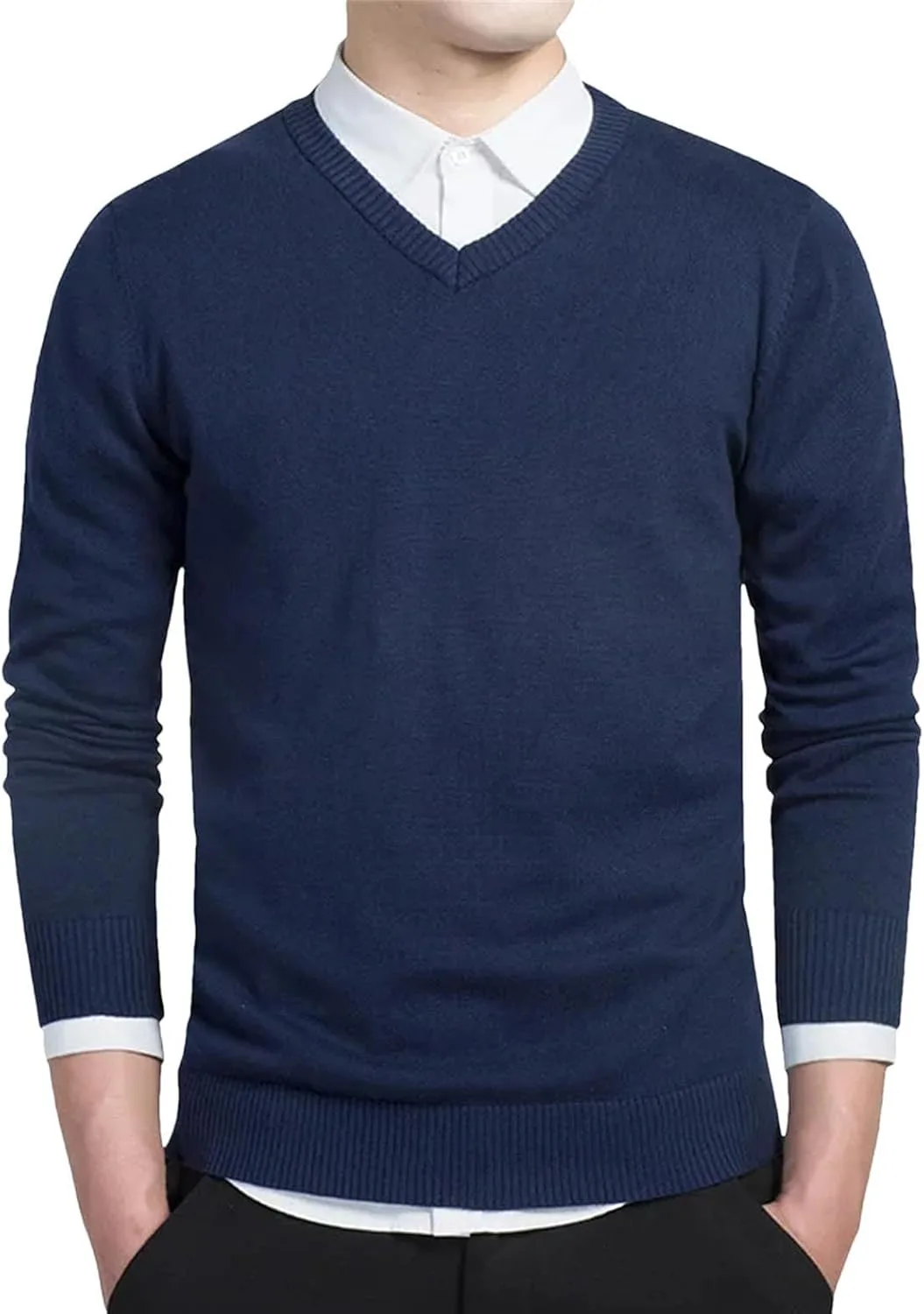 

Мужской зимний пуловер V-образный вырез однотонный вязаный slim fit