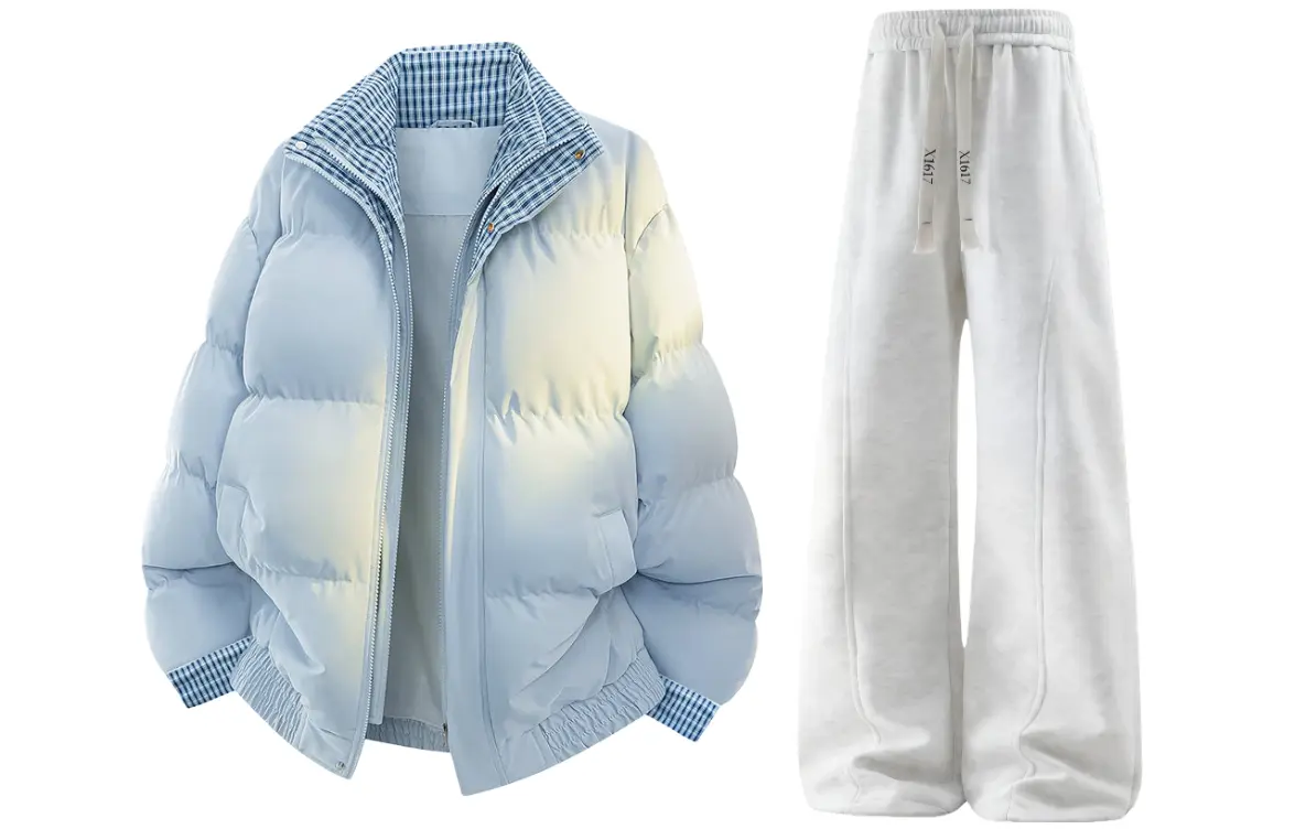 

Повседневная спортивная одежда унисекс с воротником стойкой, утепленная и с флисовой подкладкой X1617, светло-синий puffer jacket+белый heather серый fleece-lined pants