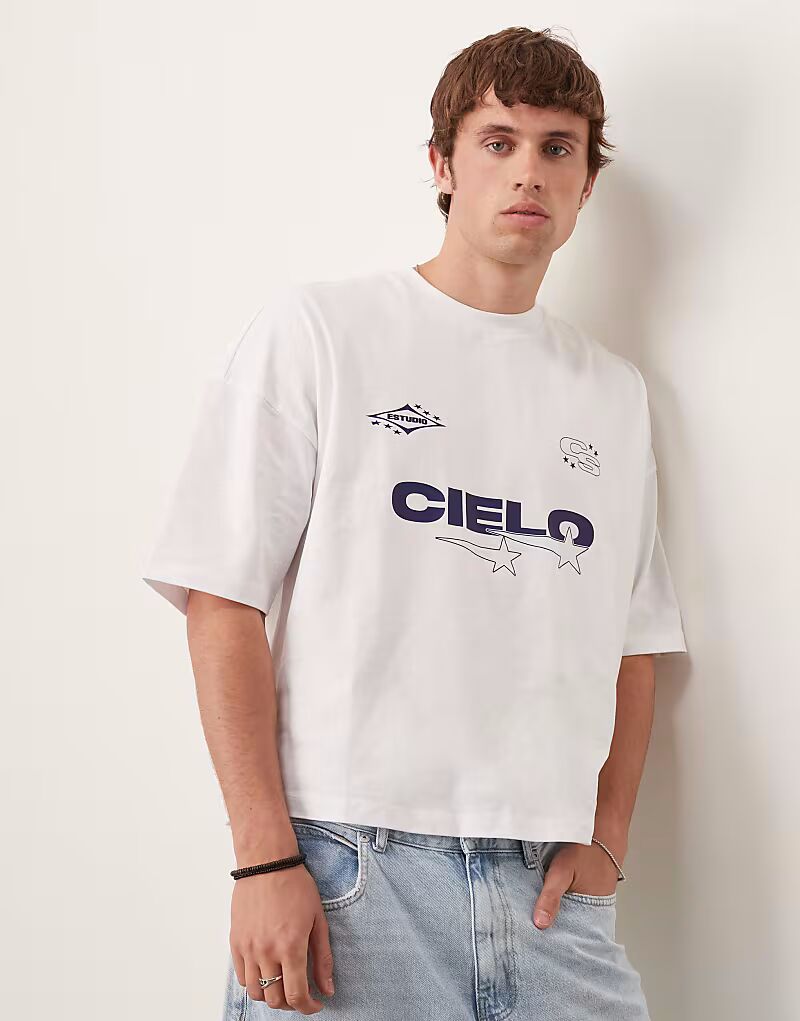 

Футболка свободного кроя ASOS DESIGN белого цвета с приспущенными плечами и принтом