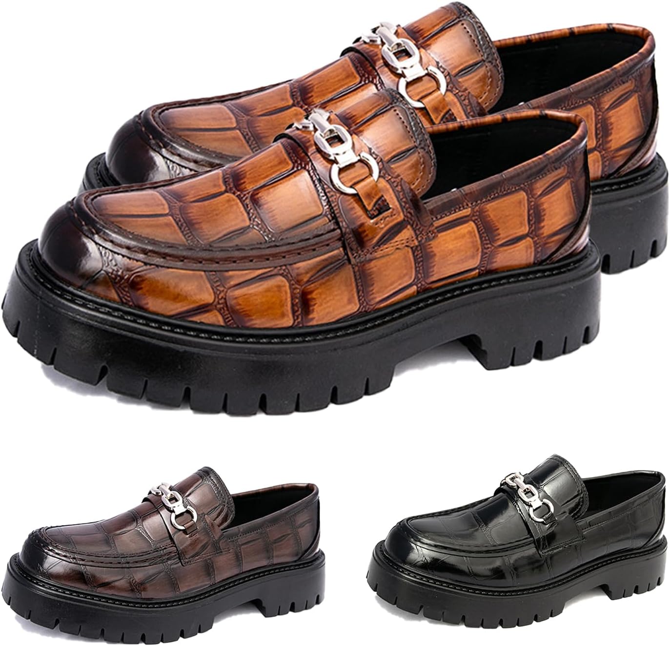 

Мужские лоферы с печатным узором из кожи с цепочкой, платформой и рифленой подошвой, винтажные с металлической отделкой, круглым носом, толстой подошвой, противоскользящие, формальные пенни-шуз и офисных вечеринок Generic, желтый