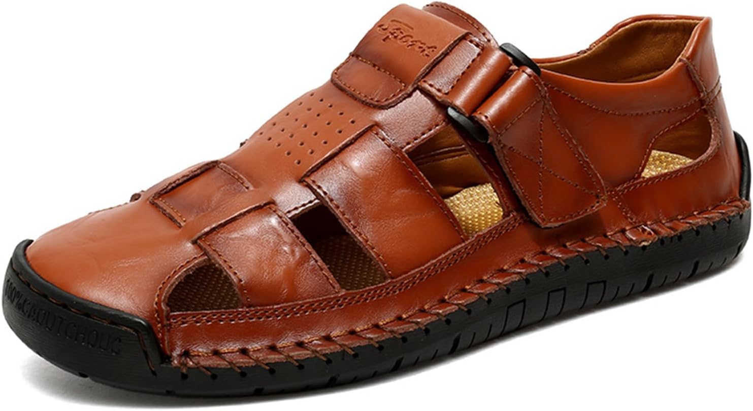 

Мужские сандалии-лодочки ручной работы из натуральной кожи, застежка-липучка, комфортные, с перфорированной структурой, противоскользящие, удобные для ходьбы, закрытый носок, мягкая подошва, дышащие, летние сандалии Xoekd, коричневый