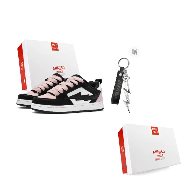 

MINISO Молния M серия низкие скейтборд кроссовки унисекс черный белый розовый с брелоком, цвет Black White Pink (with Keychain)