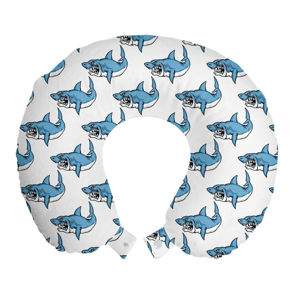 

ABAKUHAUS Sea Creatures Travel Pillow Подушка для шеи, Sea Fierce Wild Shark, пенопластовые дорожные принадлежности для самолета и автомобиля, 30x30 см, сине-белый