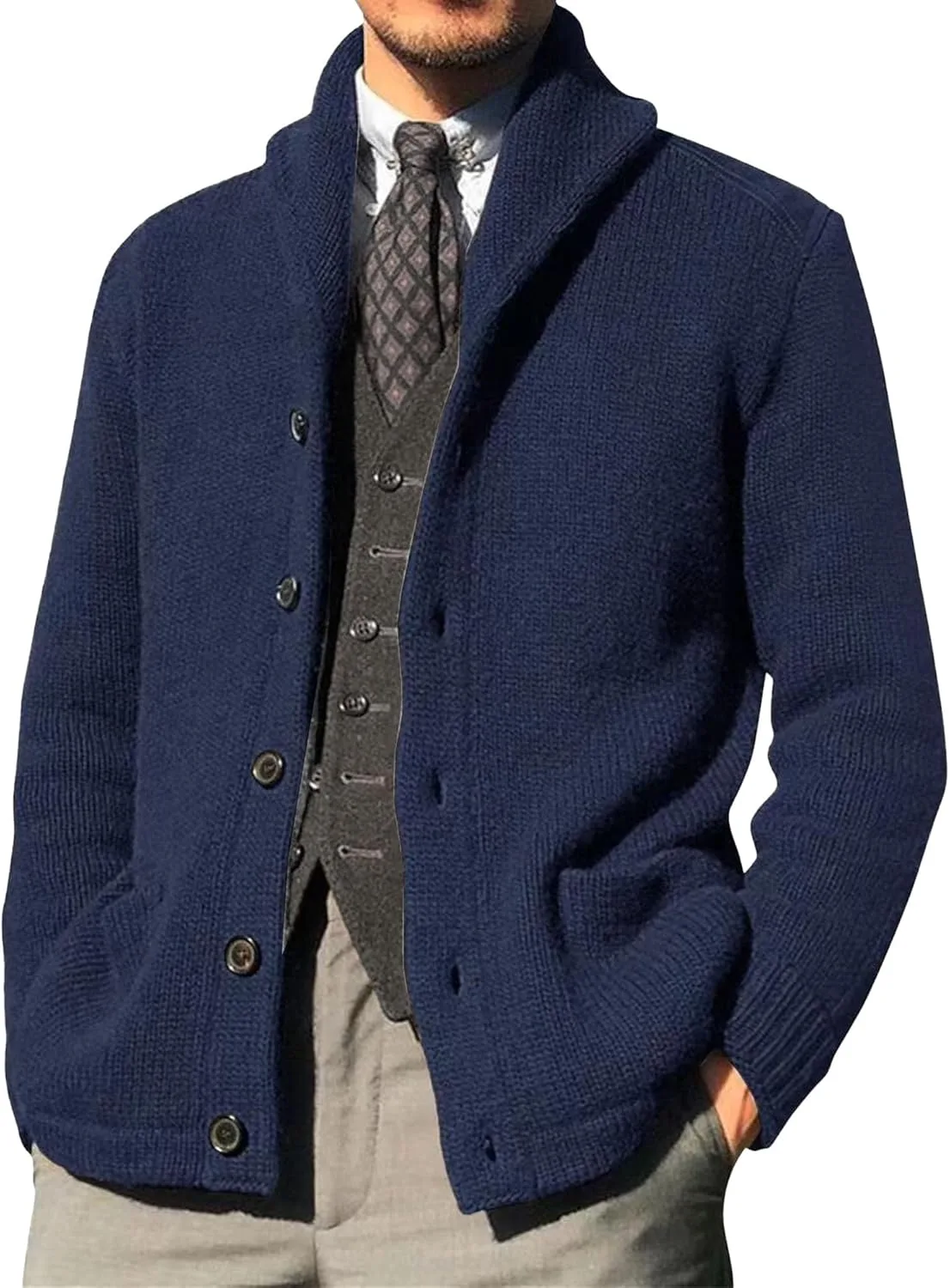 Мужской свитер с воротником-шалью на пуговицах, длинный рукав, slim fit