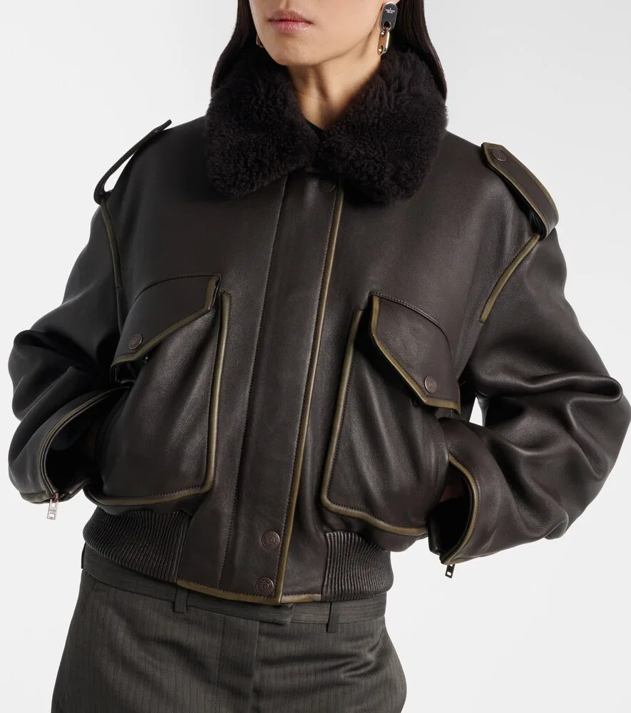 Кожаная куртка-бомбер Acne Studios, коричневый — фото 3
