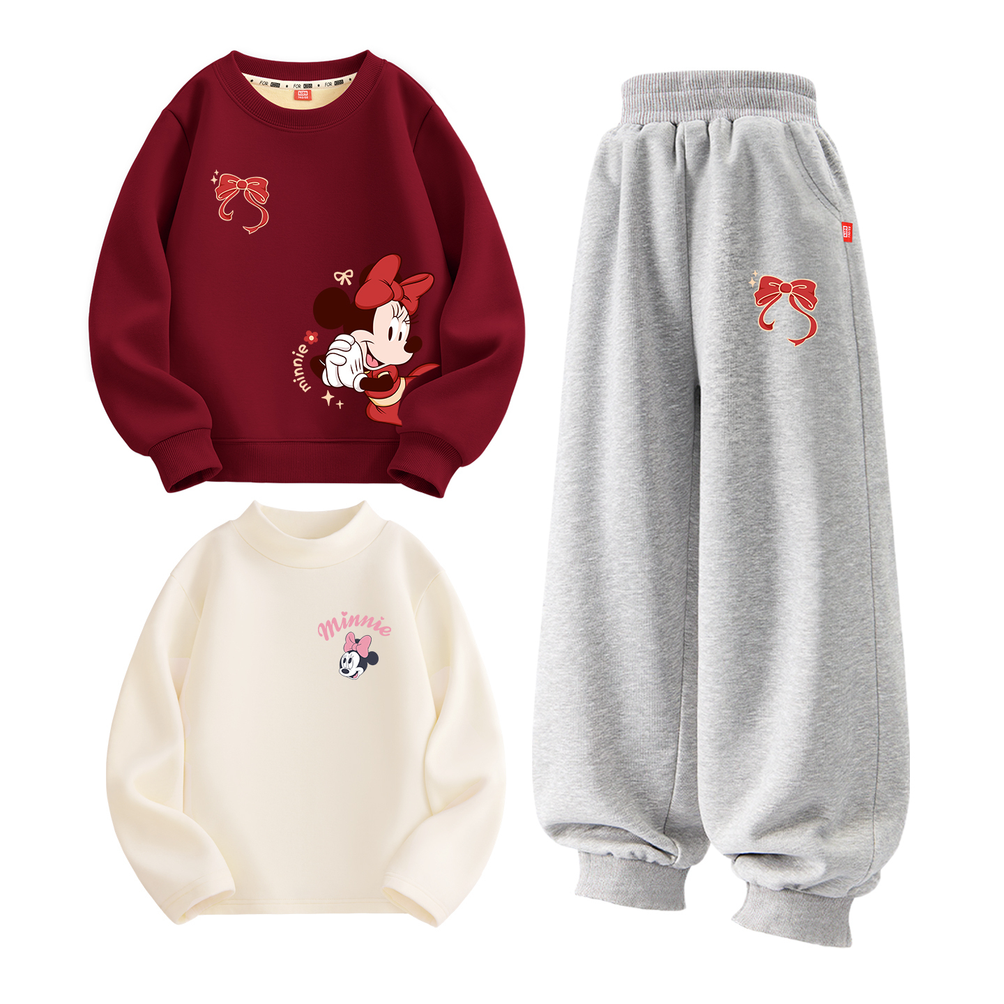 

Детская повседневная спортивная одежда с утеплением Disney, [thickened and fleece-lined three-piece set]diyingni k бордовый+diyingni k серый+diyi k milk белый