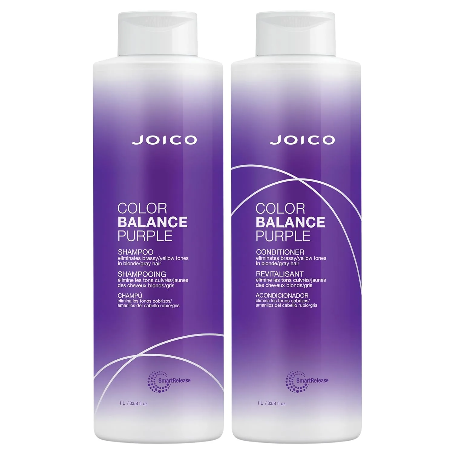 Набор шампуня и кондиционера Joico Color Balance Purple, устраняет нежелательные желтоватые и медные оттенки, подходит для холодных светлых или седых волос. 1000 мл (2 шт.), yellow