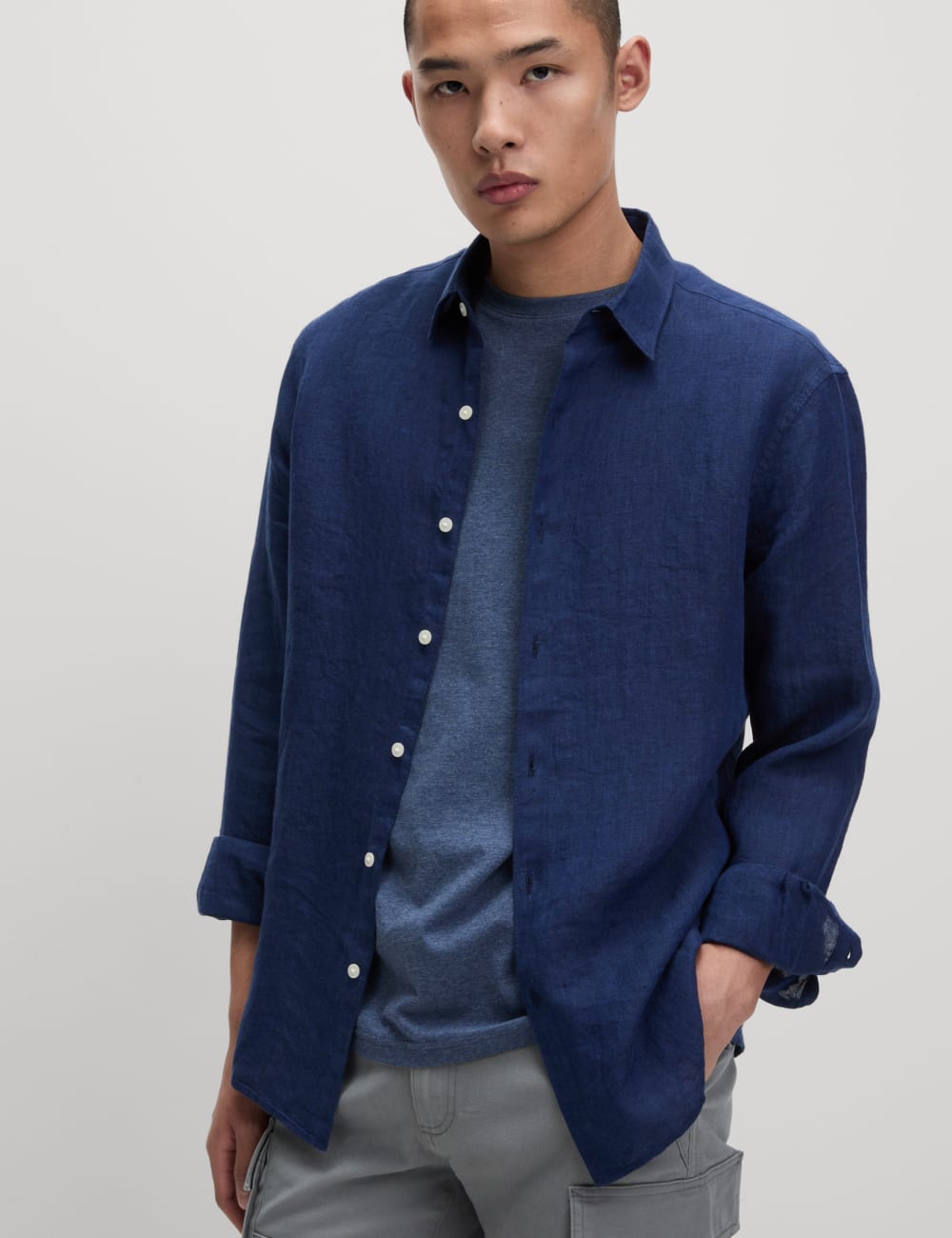 

Рубашка из чистого льна Slim Fit Easy Iron Marks & Spencer, индиго