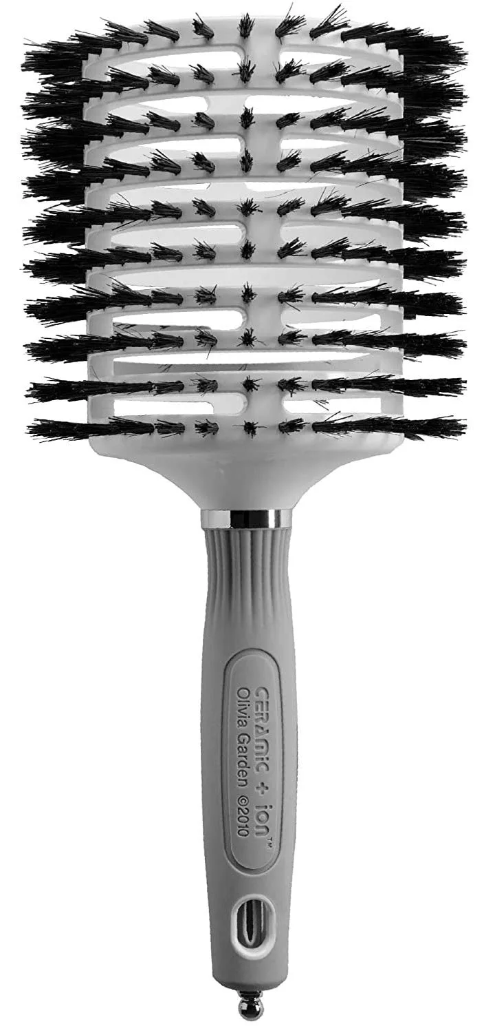 Расческа Olivia Garden Ceramic and Ion Turbo Vent из 100% натуральной щетины кабана с разделителем прядей. 11,4 см, White / Grey
