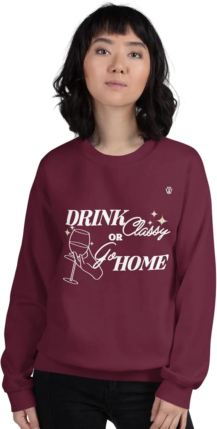 TORNABENE WINE Стильная толстовка Drink Classy or Go Home для женщин и мужчин, модная одежда с круглым вырезом, бордовый — фото 3