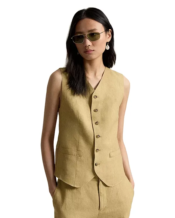 Жилет с пуговицами и отделкой из ткани деляве Ralph Lauren, Camel