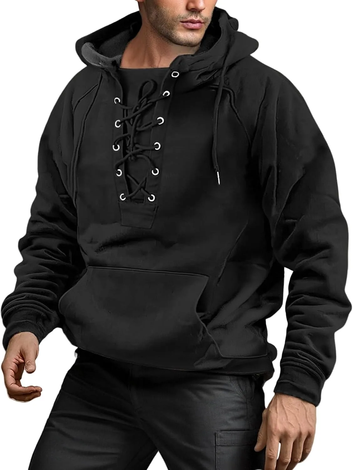 

evzosrz Mens Tactical Hoodies Sweatshirts Rotro Lace Up Long Sleeve Hooded Pullover Tops Outdoor Workout Cargo Hoodie for Men