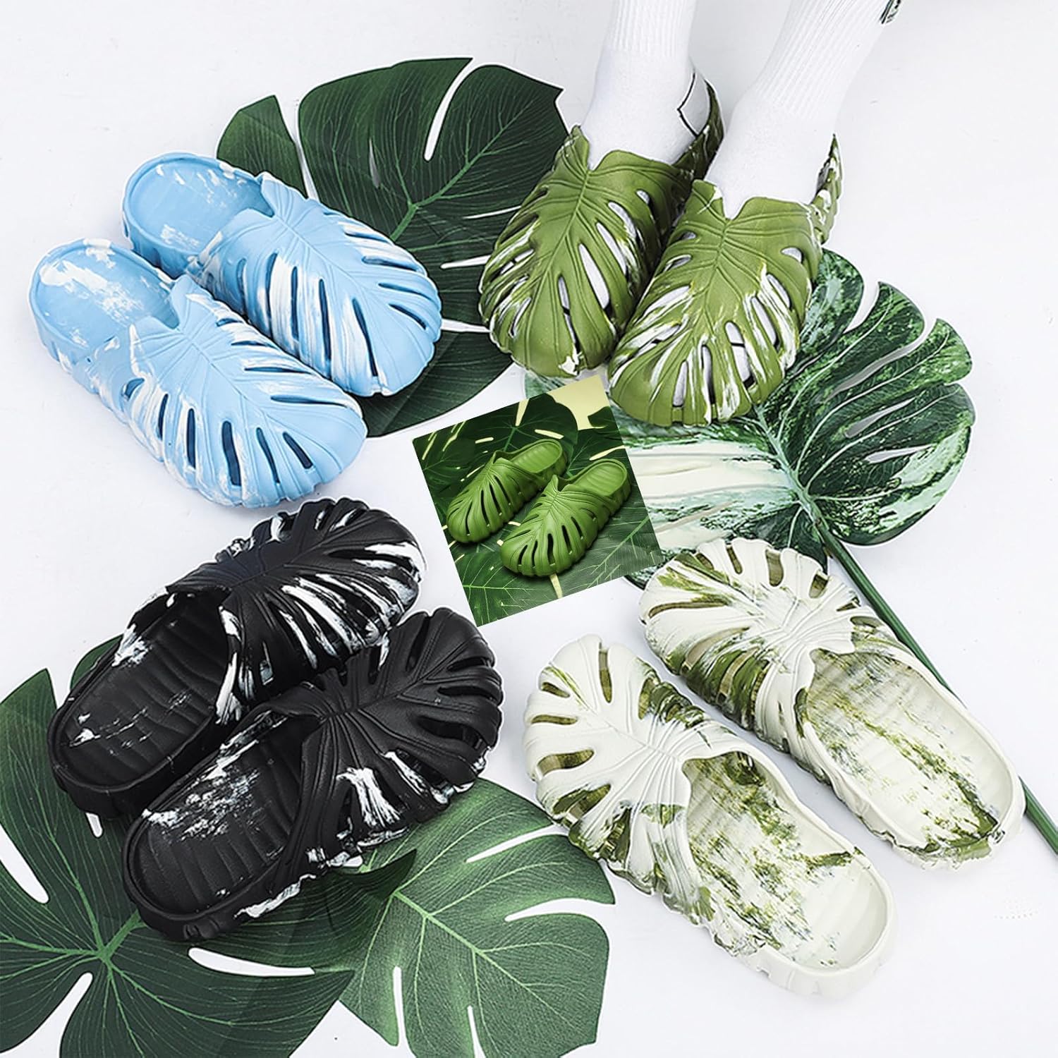 Шлепанцы QUROXO с монстерой, слайды Monstera для женщин и мужчин, мягкие домашние тапочки-подушки с монстерой, открытые шлепанцы для душа, черный — фото 3