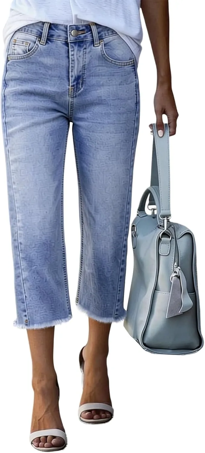 

Midelxp прямые капри для женщин с эластичным поясом и необработанным краем