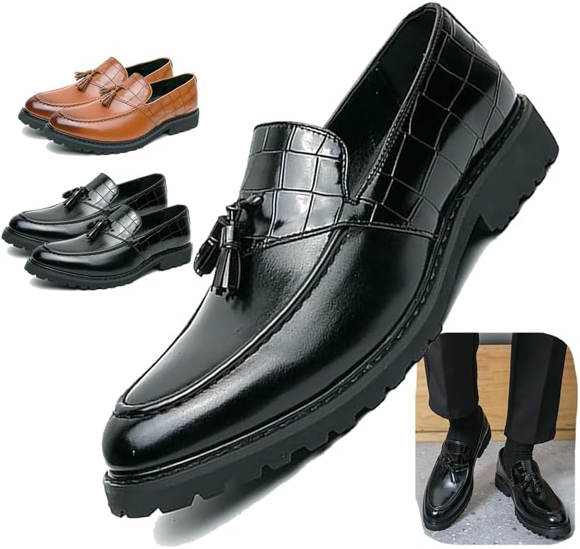 

Мужские клетчатые кожаные лоферы с кисточками, модные, на скользкой подошве, с круглым носком, деловая, повседневная, низкая обувь для офиса и прогулок Generic, черный