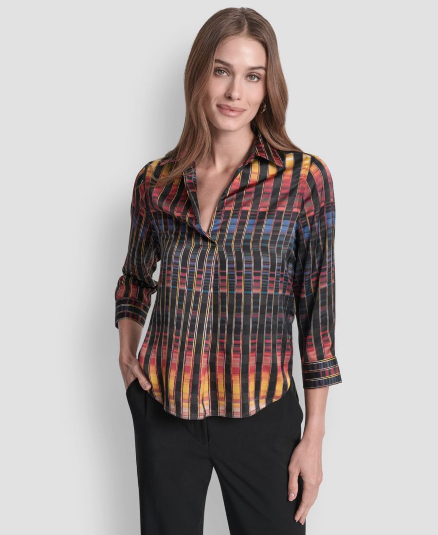 

Женская блузка из атласа с принтом, длинными рукавами и V-образным вырезом DKNY, Black/ Sunset Yellow Multi