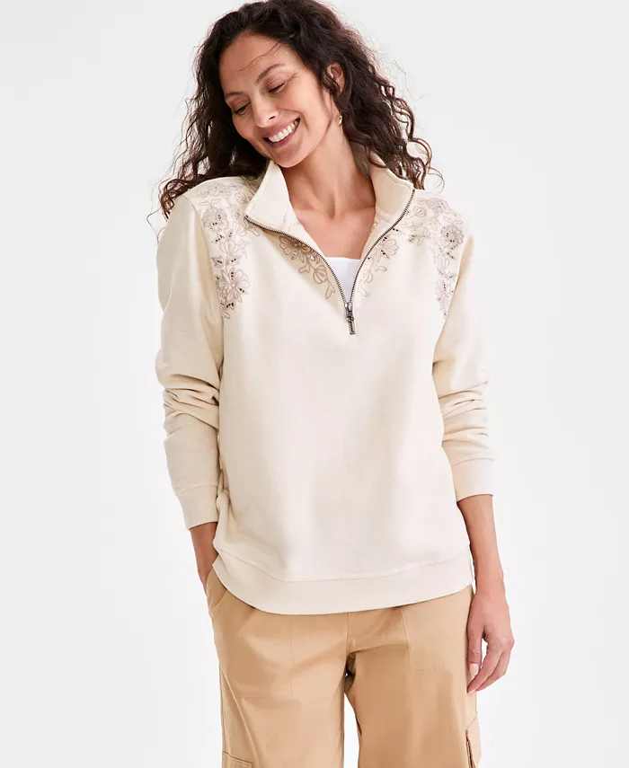 

Толстовка Petite Embroidered Fleece Mock-Neck Top Style & Co, коричневый/бежевый