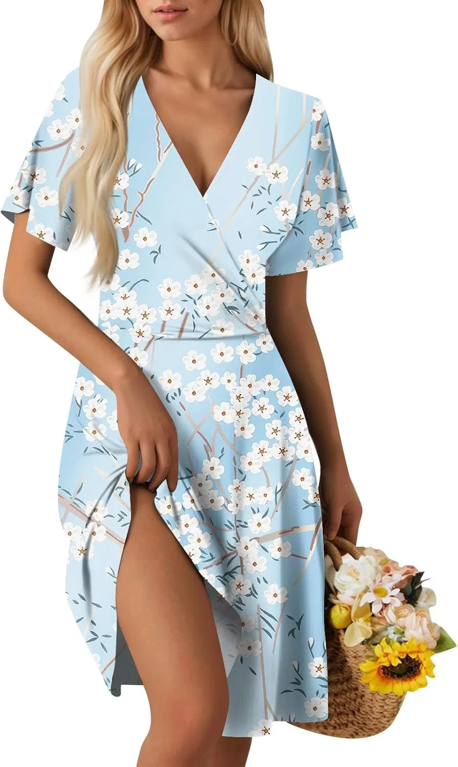 Платье Floral для женщин повседневное летнее с V-образным вырезом и коротким рукавом, длина до колена, модель Wrap, милое сарафан для пляжа и отпуска Generic, светло-голубой