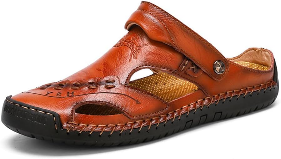 

Мужские повседневные кожаные сандалии QINGCOMFACAI с закрытым носком, на липучке, регулируемые, для пляжа, улицы и походов, коричневый