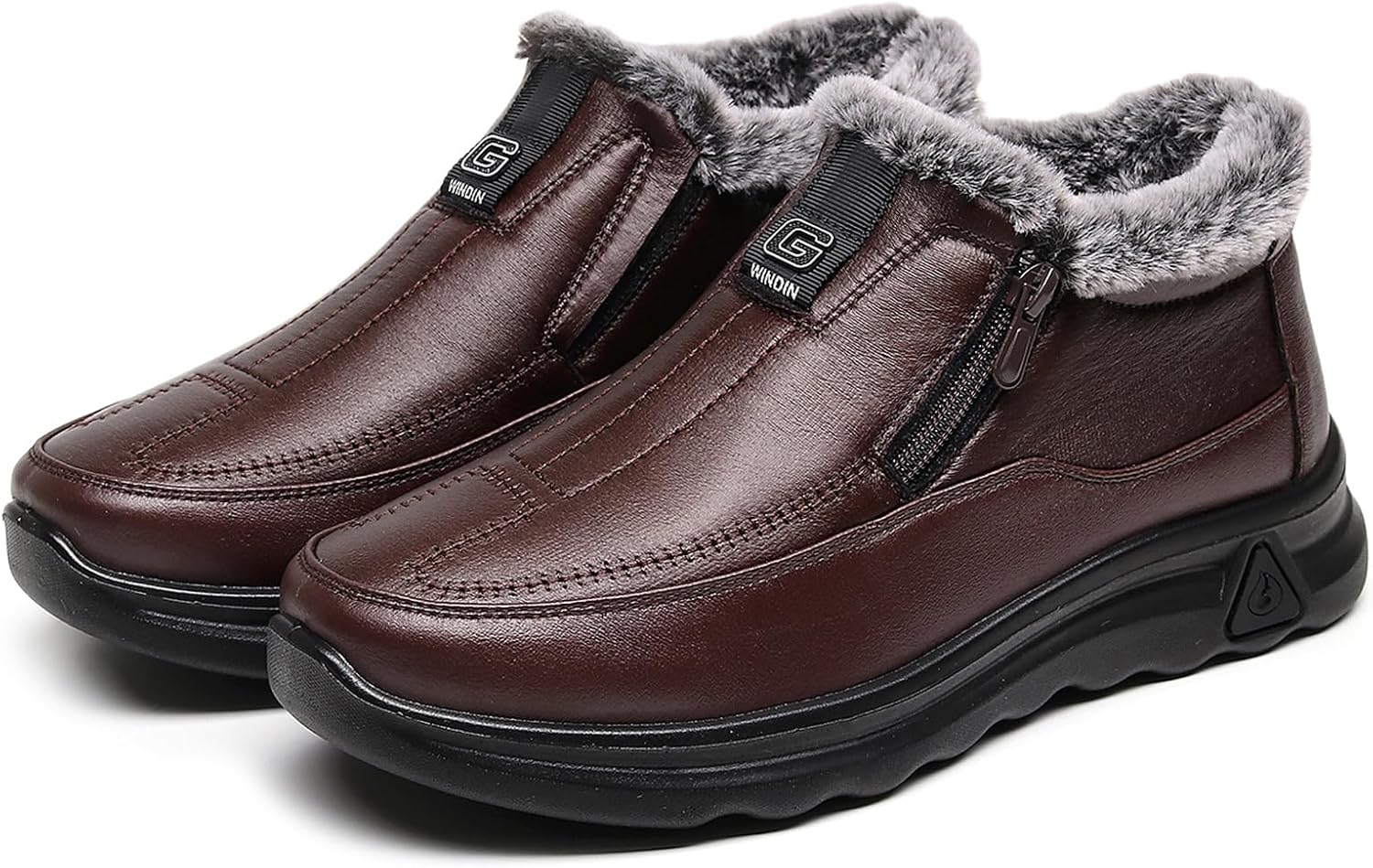 

Мужские зимние флисовые водонепроницаемые теплые ботинки для снега до щиколотки с застежкой-молнией, уютной меховой подкладкой, легкие, противоскользящие, на быструю обувь для зимних прогулок на улице Oigunle, коричневый