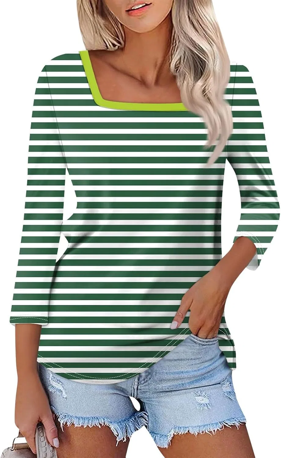 Женская футболка с квадратным вырезом, 3/4 рукав, 2-green