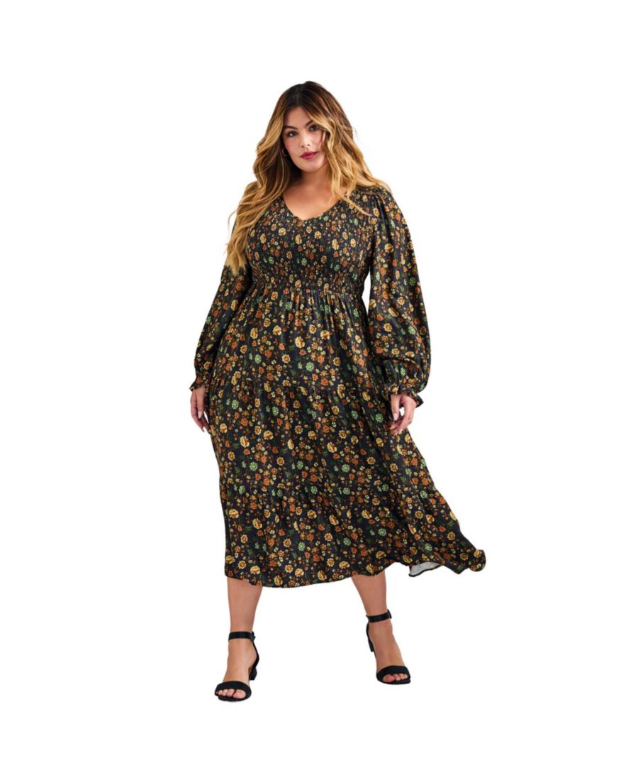 

Женское платье большого размера в инди-стиле с пышными рукавами и сборками AVENUE, Jacobean