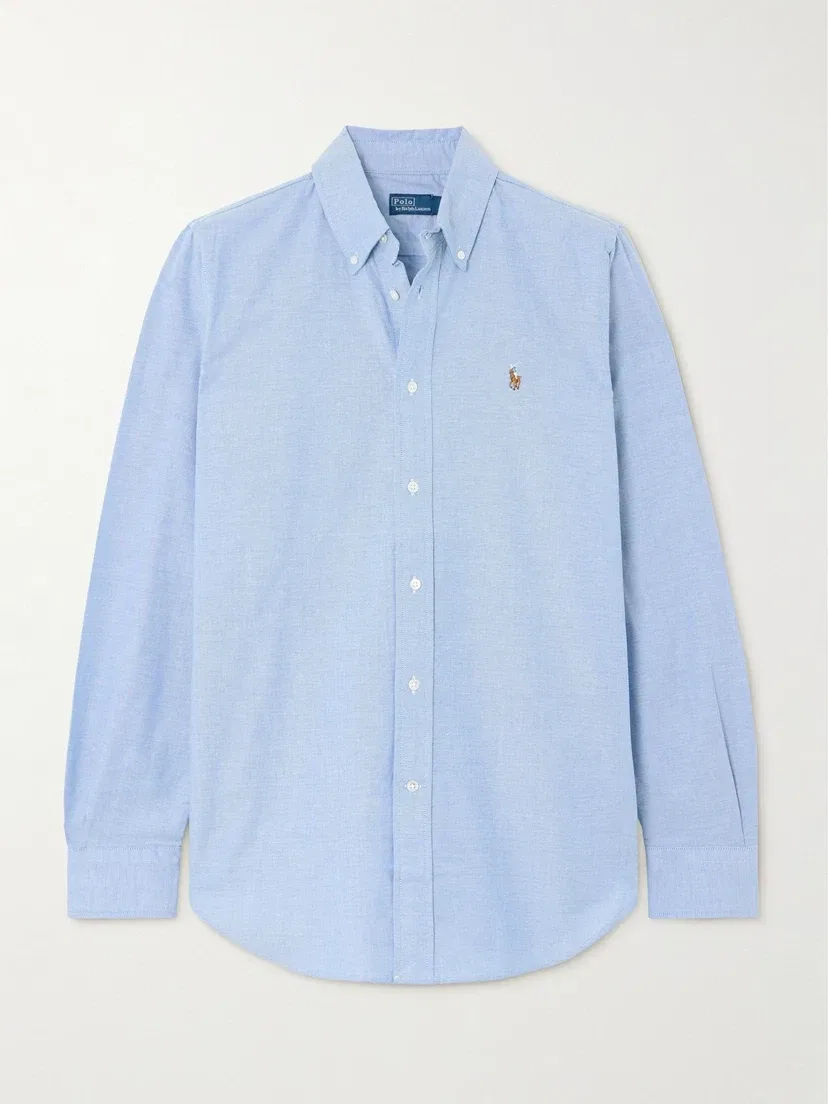 Вышитая хлопково-смесовая оксфордская рубашка POLO RALPH LAUREN, голубой