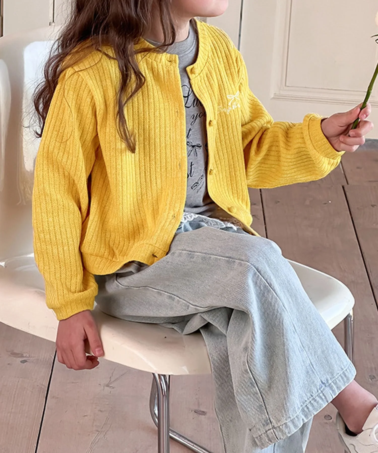 Детский ребристый кардиган с вышивкой Aimoha Kids, Yellow — фото 4