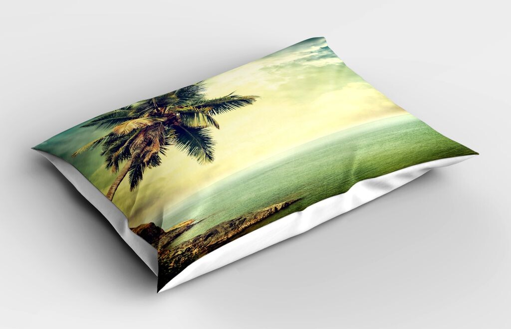 

ABAKUHAUS Гавайская наволочка, Palm Tree Rocky Shore Caribbean Fog Travel Resort Scene, 40x80 см, Миндально-зеленый бледно-желтый