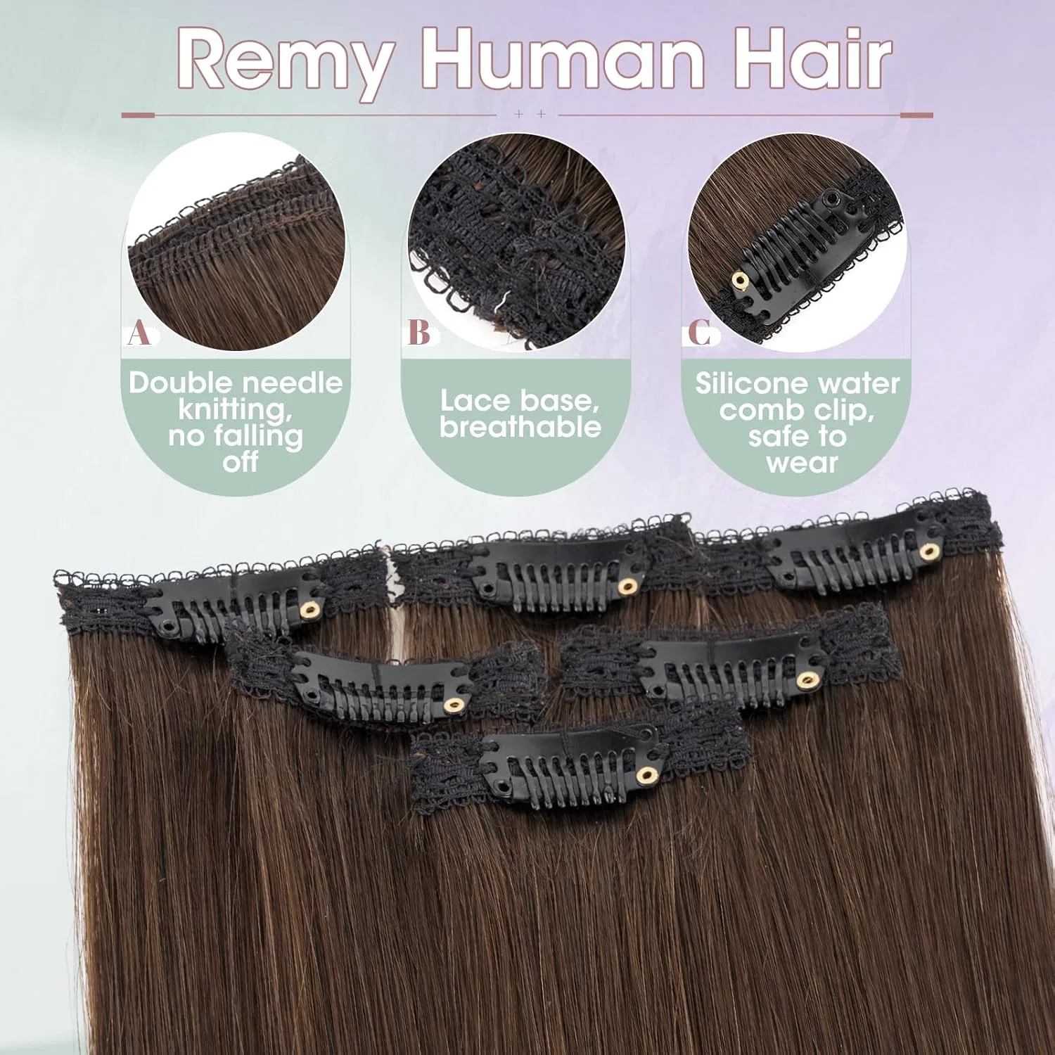 Натуральные накладные пряди на заколках Benehair, 40 см, 40 г Benehair, #02 Dark Brown — фото 4