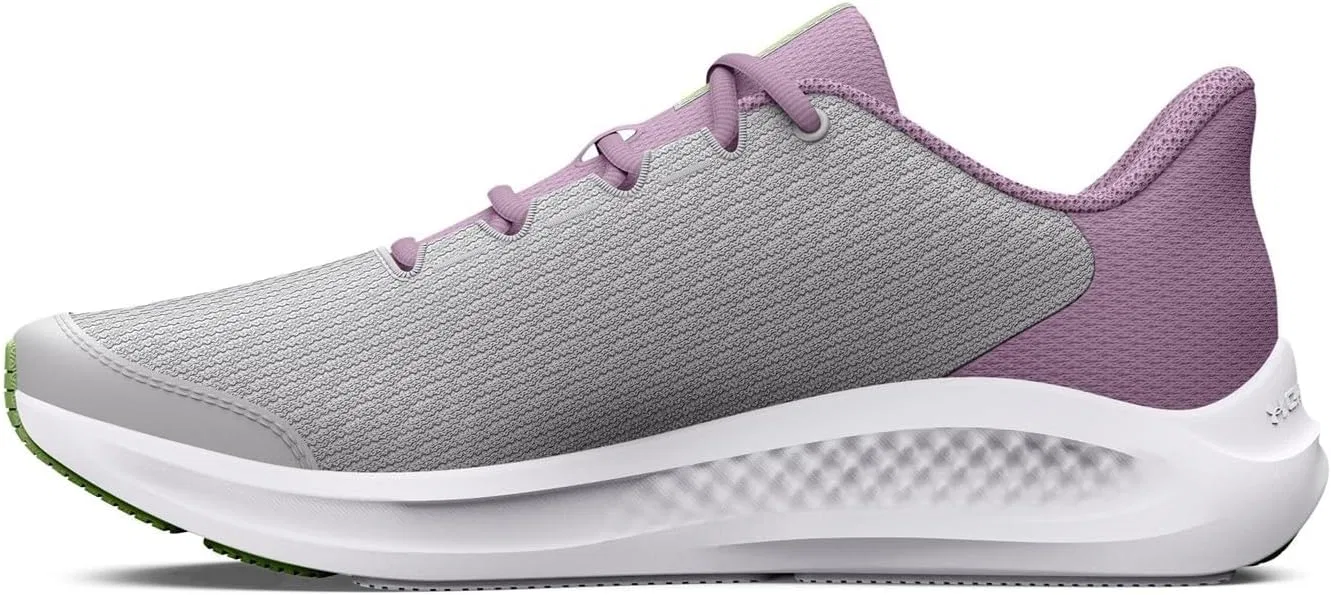 Кроссовки Under Armour Girls' Grade School Pursuit 3 Big Logo для бега в младшей школе, 100 Grey Halo Fresca Orchid Lumos Lime — фото 4