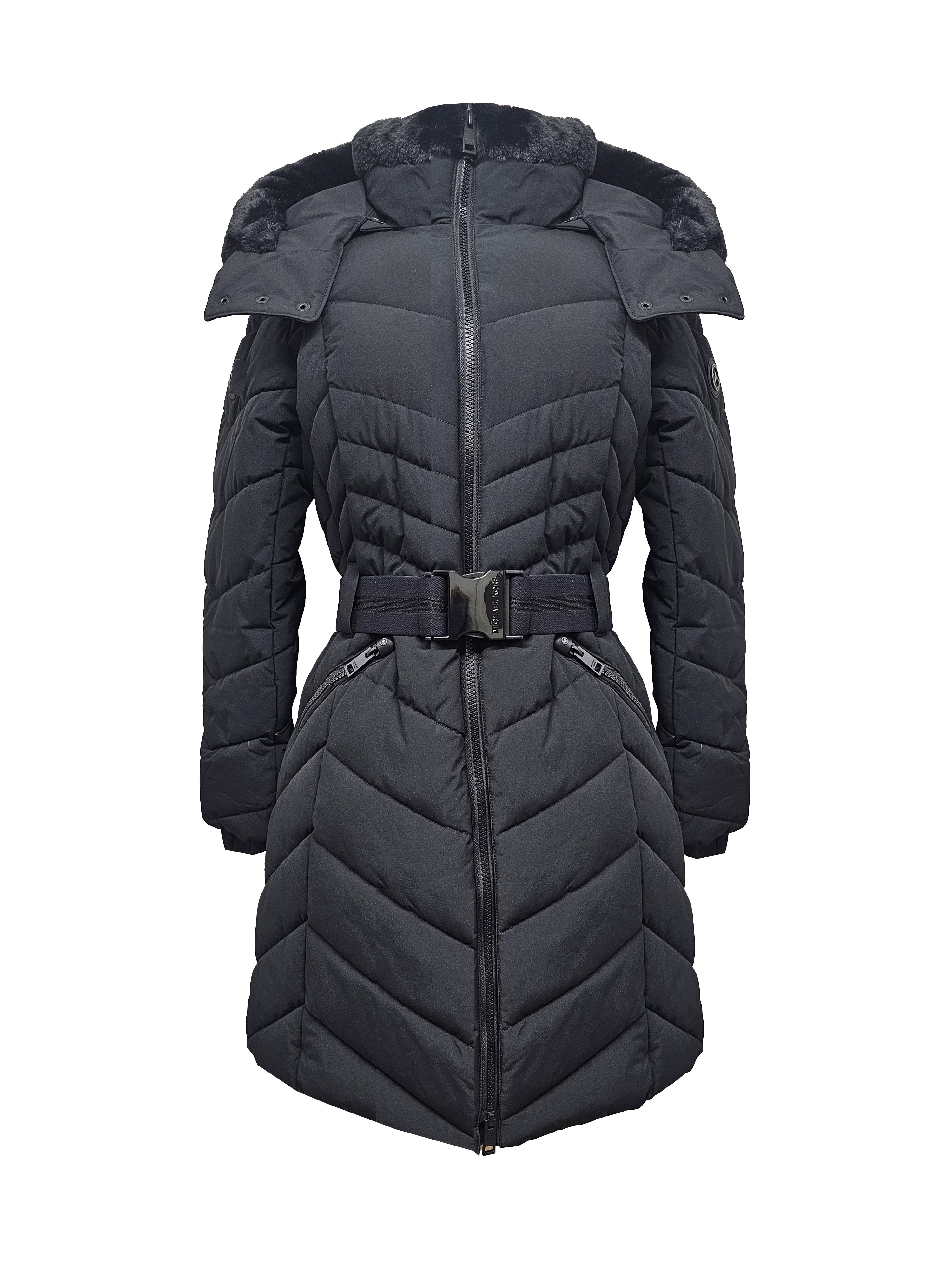 

Michael Michael Kors Женское пальто-кубок с шевронным узором 3/4 и поясом, черное