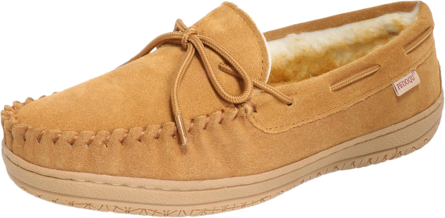 

Мужские мокасины PEDOQU с завязками, верх из натуральной кожи, стелька с эффектом памяти, теплые домашние тапочки, дышащие лоферы для дома и улицы, ширина D, Tan