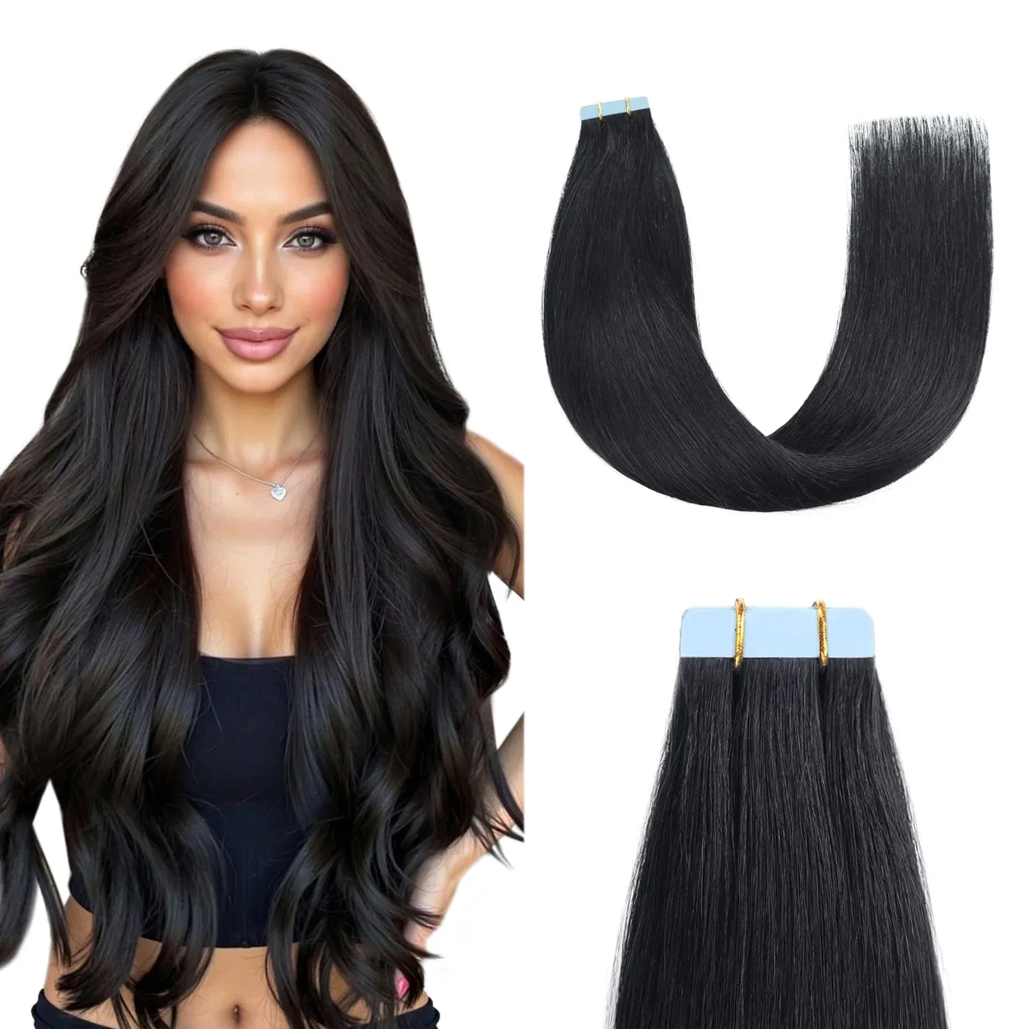 Ленточные наращивания Sunya из натуральных волос Jet Black, 60 см, 20 штук, 50 г/упаковка Sunya