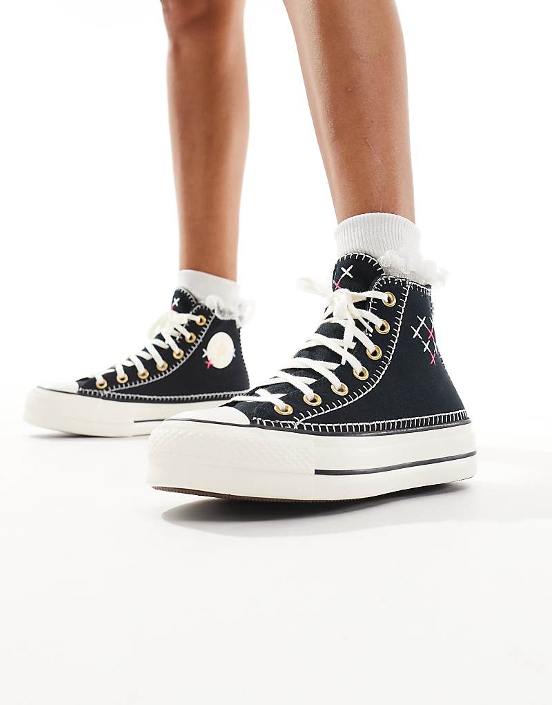 

Converse – Chuck Taylor All Star Lift Hi – черные высокие кеды с декоративным узором, вышитым крестиком